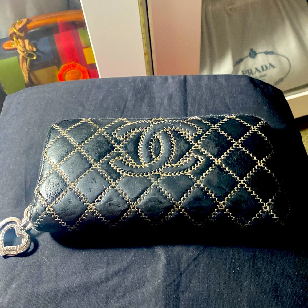 Authentic Chanel Zip Wallet in black with cross stitch design !